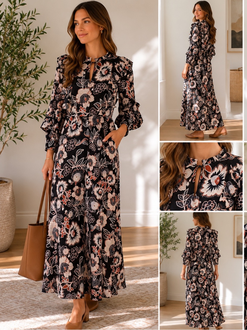 NWT Who What Wear Floral Maxi Dress Size S Boho Ruffle Long Sleeve